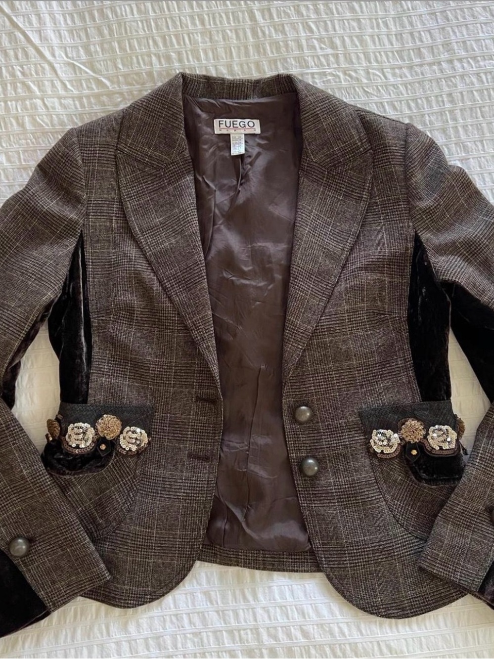 Fuego Brown Plaid Blazer with Velvet Panels and Floral Embellished Pockets